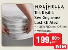 MOLİNELLA TEK KİŞİLİK SIVI GEÇİRMEZ LASTİKLİ ALEZ 100X200 CM